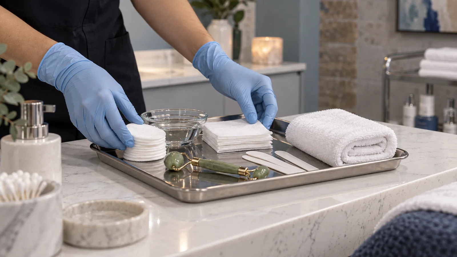 Hands in blue gloves set out cotton rounds, gauze squares, a jade roller, and a rolled towel on a steel tray.
