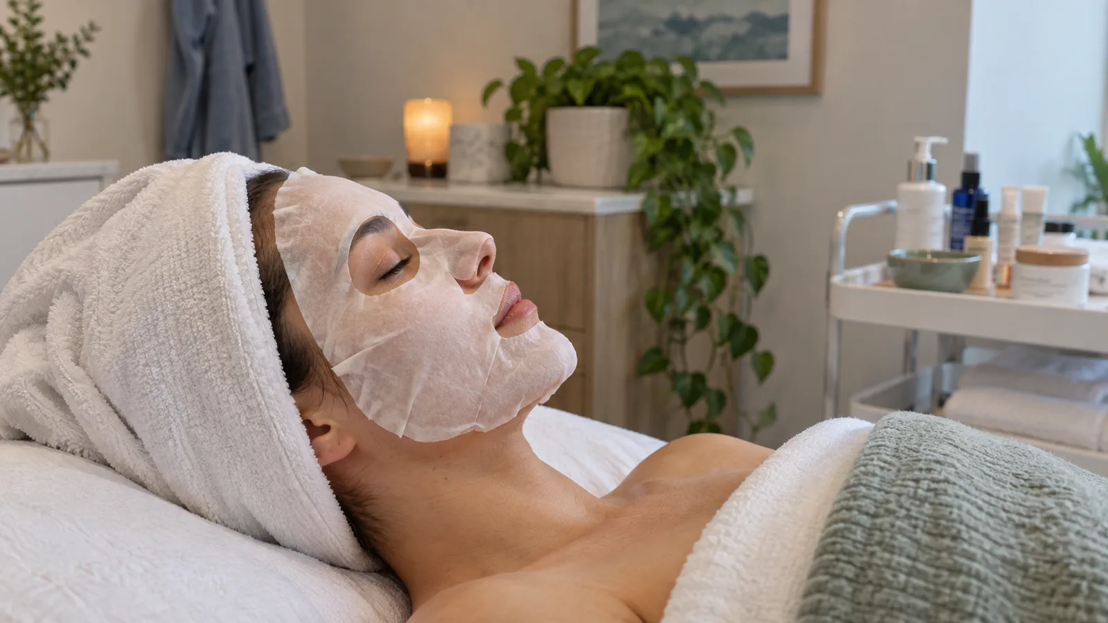 A woman with a towel wrapped over her hair wears a sheet mask on a treatment bed under a sage blanket.