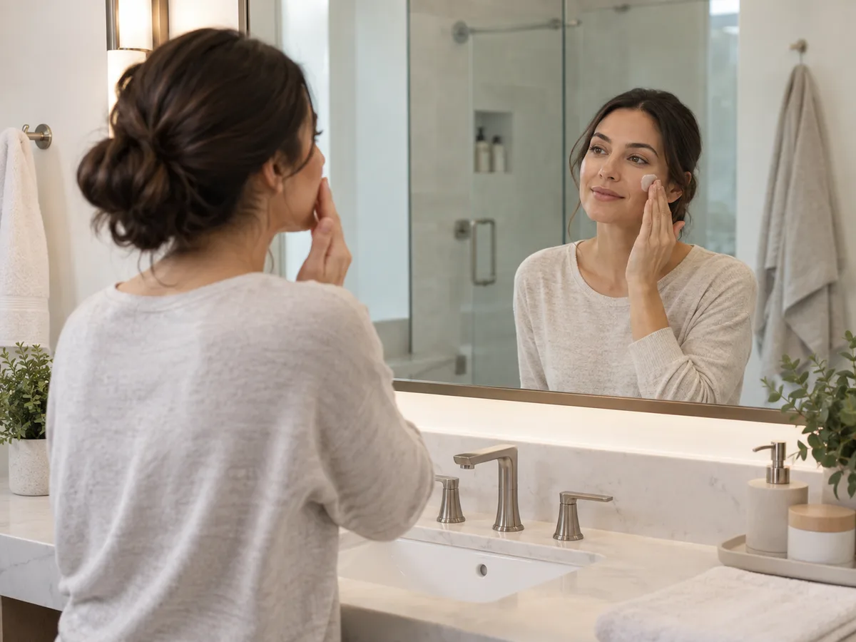 A woman in a light gray sweater smiles into a large bathroom mirror while dabbing cream onto her cheek.