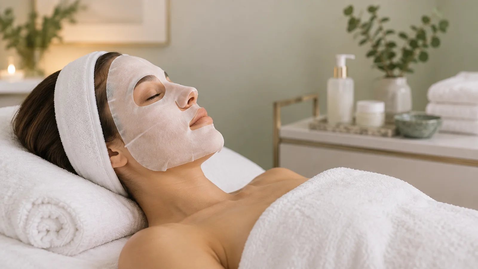 A woman in a terry headband rests on a rolled towel wearing a sheet mask, a sage wall and product tray behind.