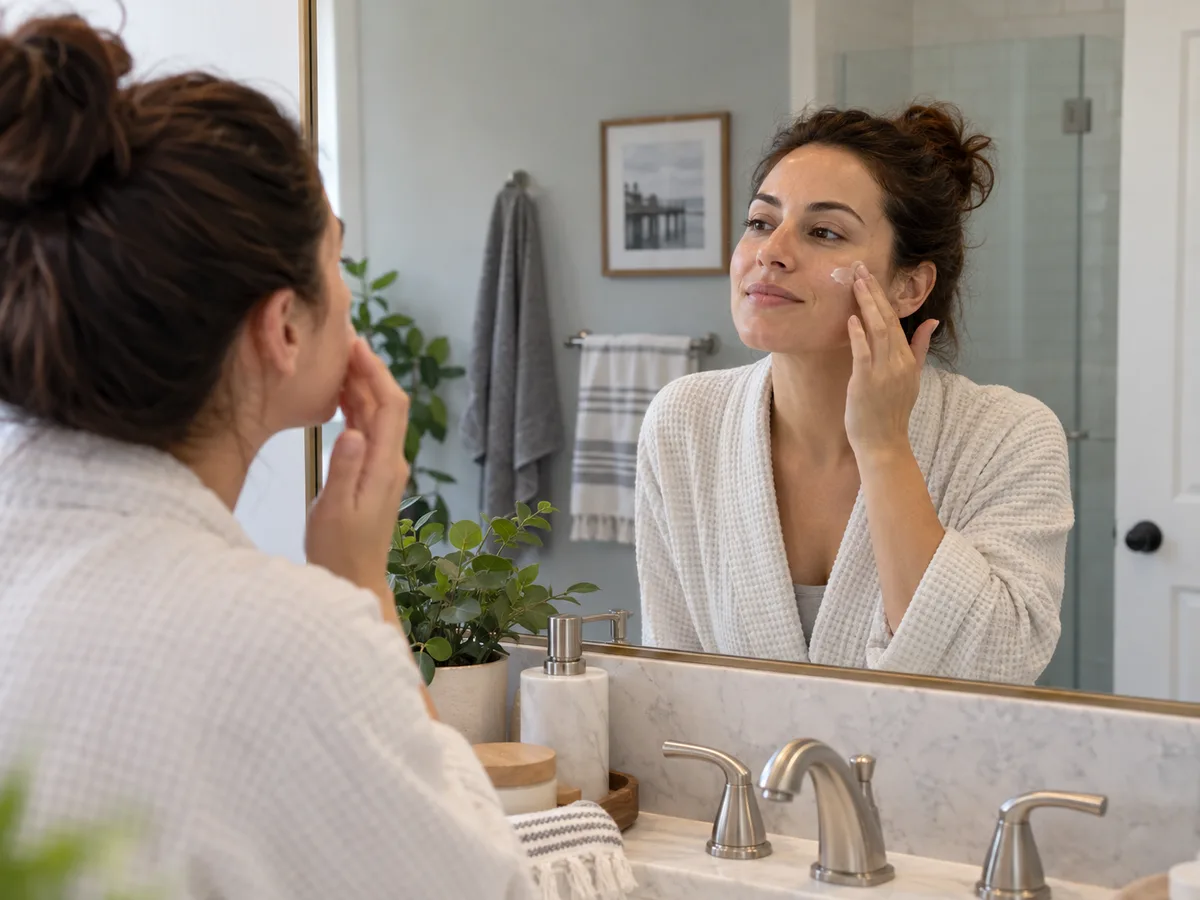 A woman in a white waffle robe smooths cream across her cheekbone at a gold-framed bathroom mirror beside a potted plant.