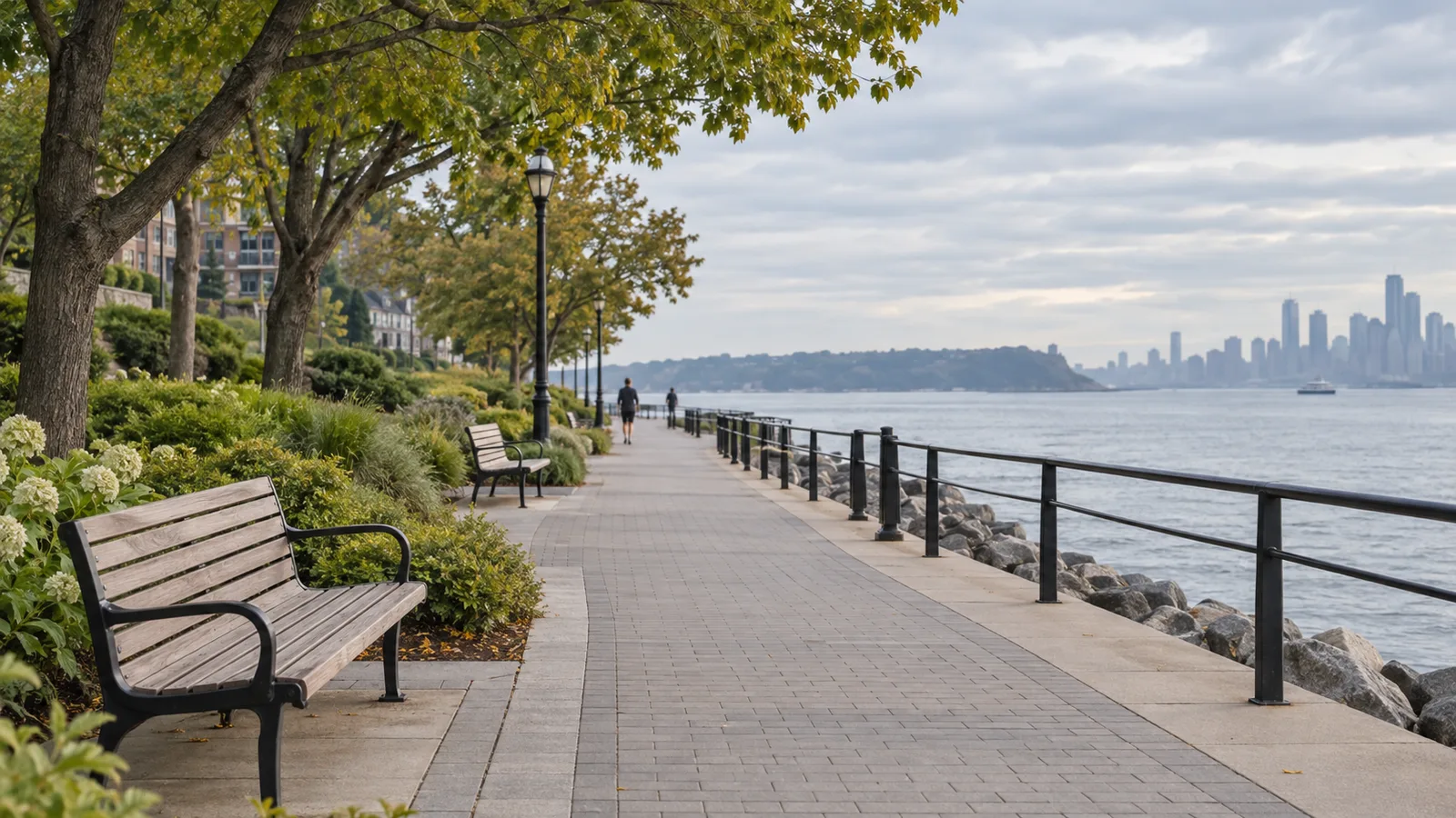 Waterfront path with benches and a black railing along rocks under a cloudy sky, with a city skyline across the river.
