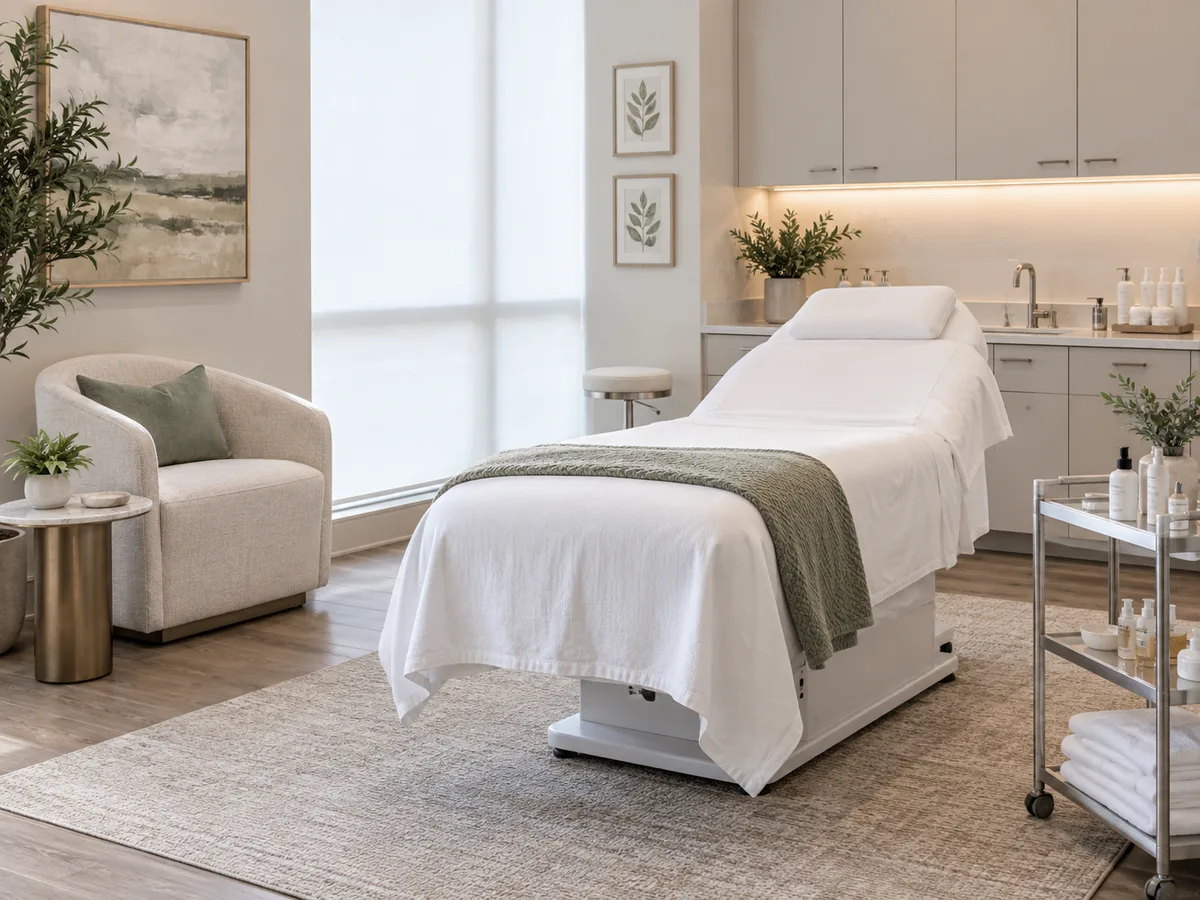 Bright treatment room with a sheet-covered bed under a sage knit throw, a bouclé armchair, and a steel supply cart.