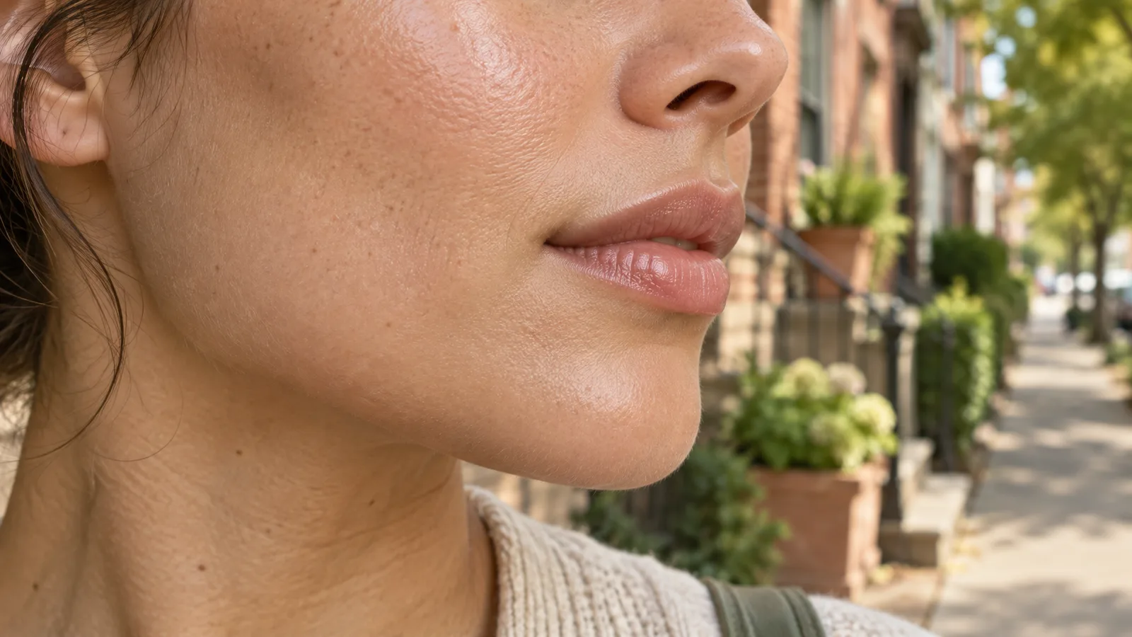 Close-up of a woman's freckled cheek and lips outdoors, with brownstone stoops and potted plants blurred behind her.