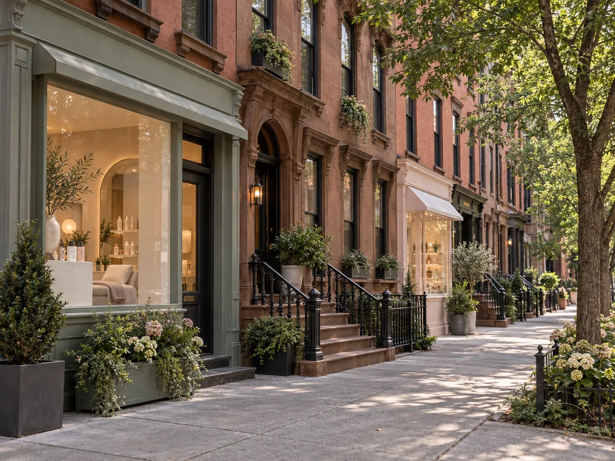 Brownstone block with iron-railed stoops and a sage-painted storefront whose window shows shelves of products and a lounge chair.