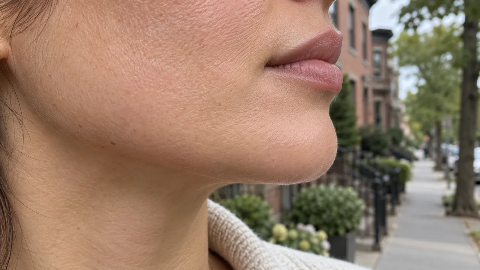 Side view of a woman's chin and jawline above a cream knit collar, a tree-lined residential sidewalk out of focus.