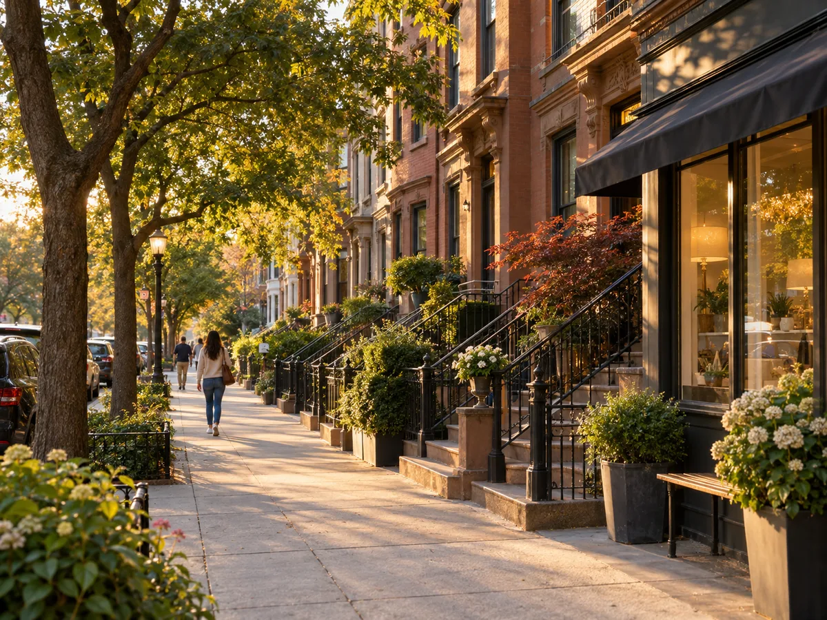 A woman walks down a leafy sidewalk in golden evening light past brownstone stoops and a storefront with a black awning.
