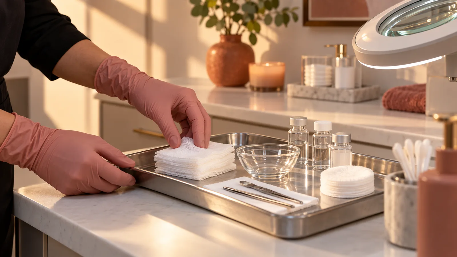 Hands in pink gloves stack gauze on a steel tray with small glass vials, a glass bowl, cotton rounds, and slim instruments.