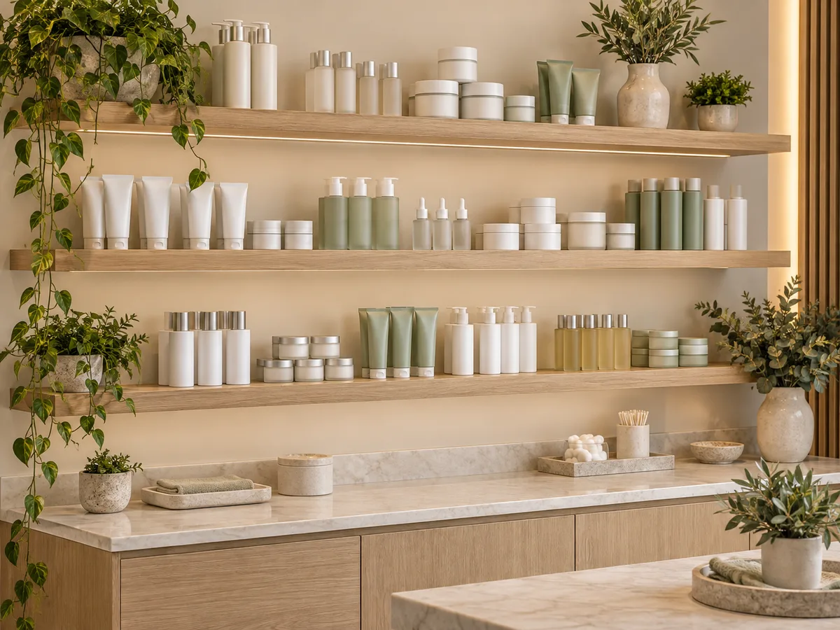 Three lit wooden shelves of white and sage bottles, tubes, and jars above a marble counter, with trailing pothos on the left.