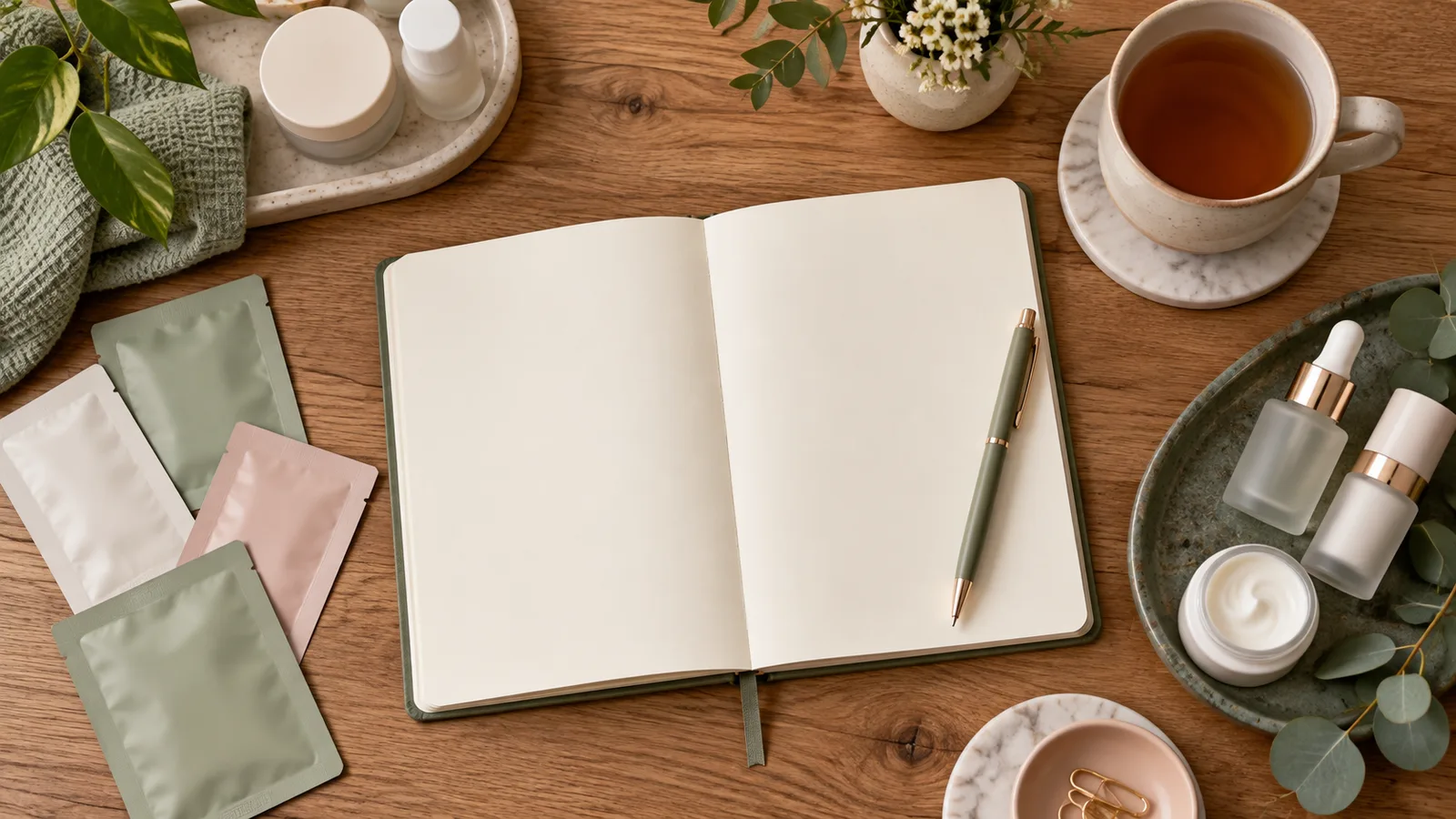 Open notebook with a sage pen on an oak table, surrounded by foil sachets, tea on a marble coaster, and dropper bottles.