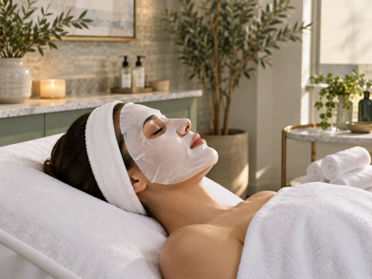A woman in a headband and sheet mask lies on a towel-covered bed near an olive tree and rolled towels.