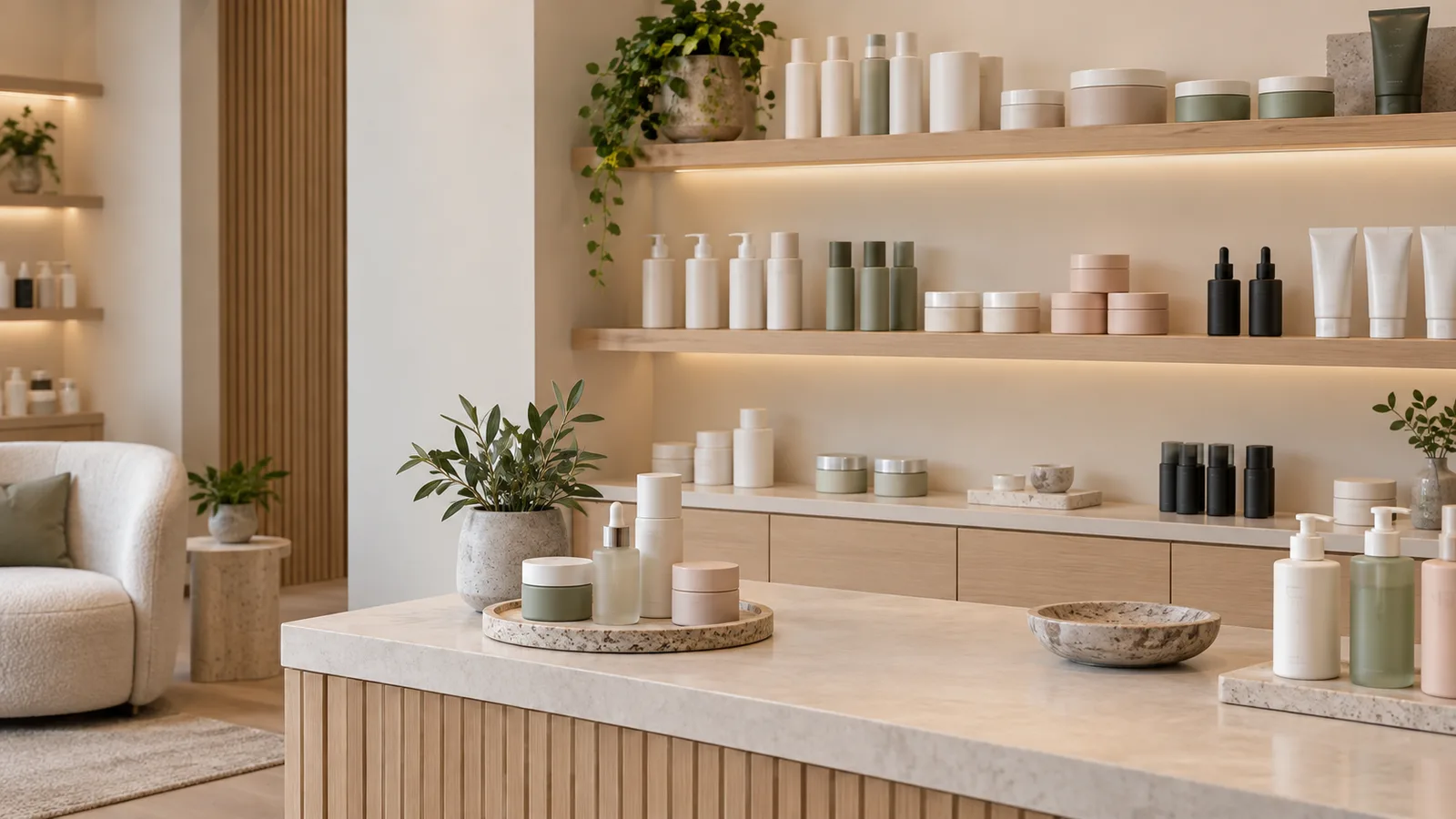 Oak display counter with a stone tray of jars and a dropper, backed by lit shelves of sage, blush, and black bottles.