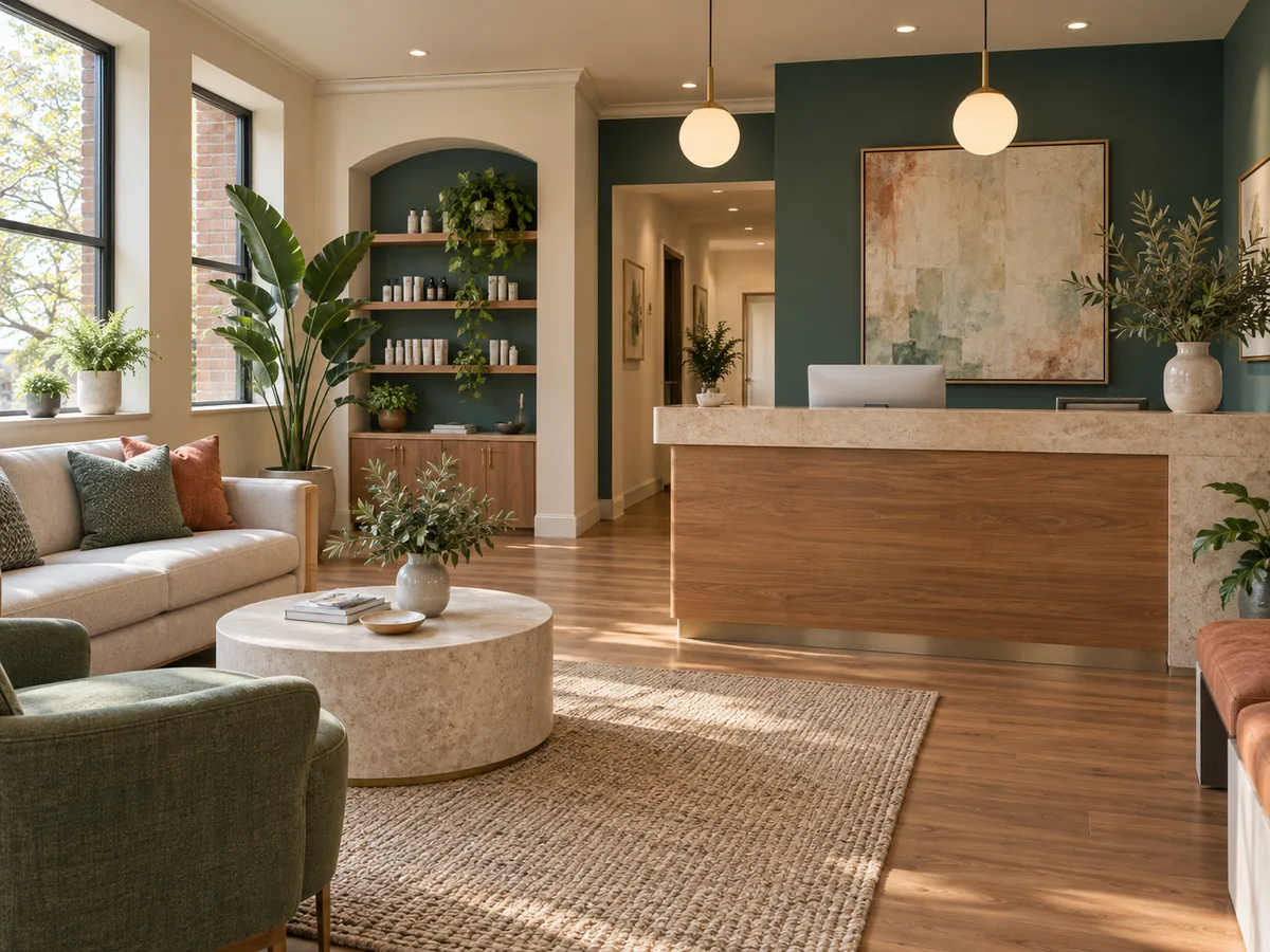 Sunlit lounge with a teal accent wall, a wood-paneled reception desk, a round stone table, and product shelves in an arched niche.