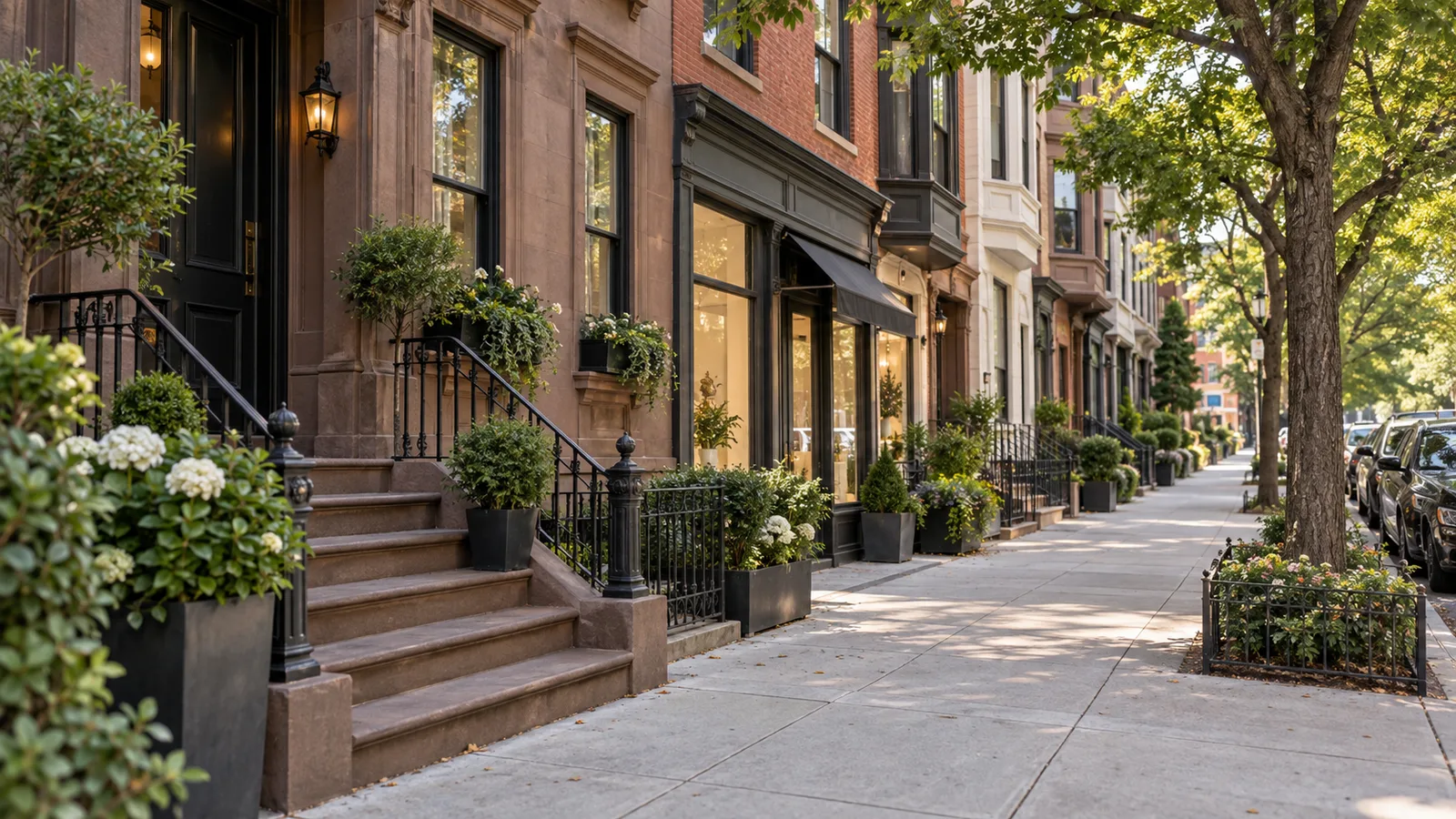 Brownstone stoops with black iron railings and potted boxwoods line a tree-shaded sidewalk beside shop windows and parked cars.