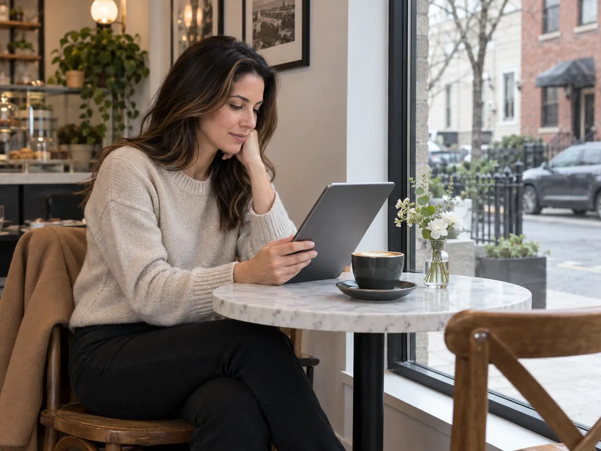 A woman in a cream sweater reads a tablet at a marble café table by a street-facing window with a latte.