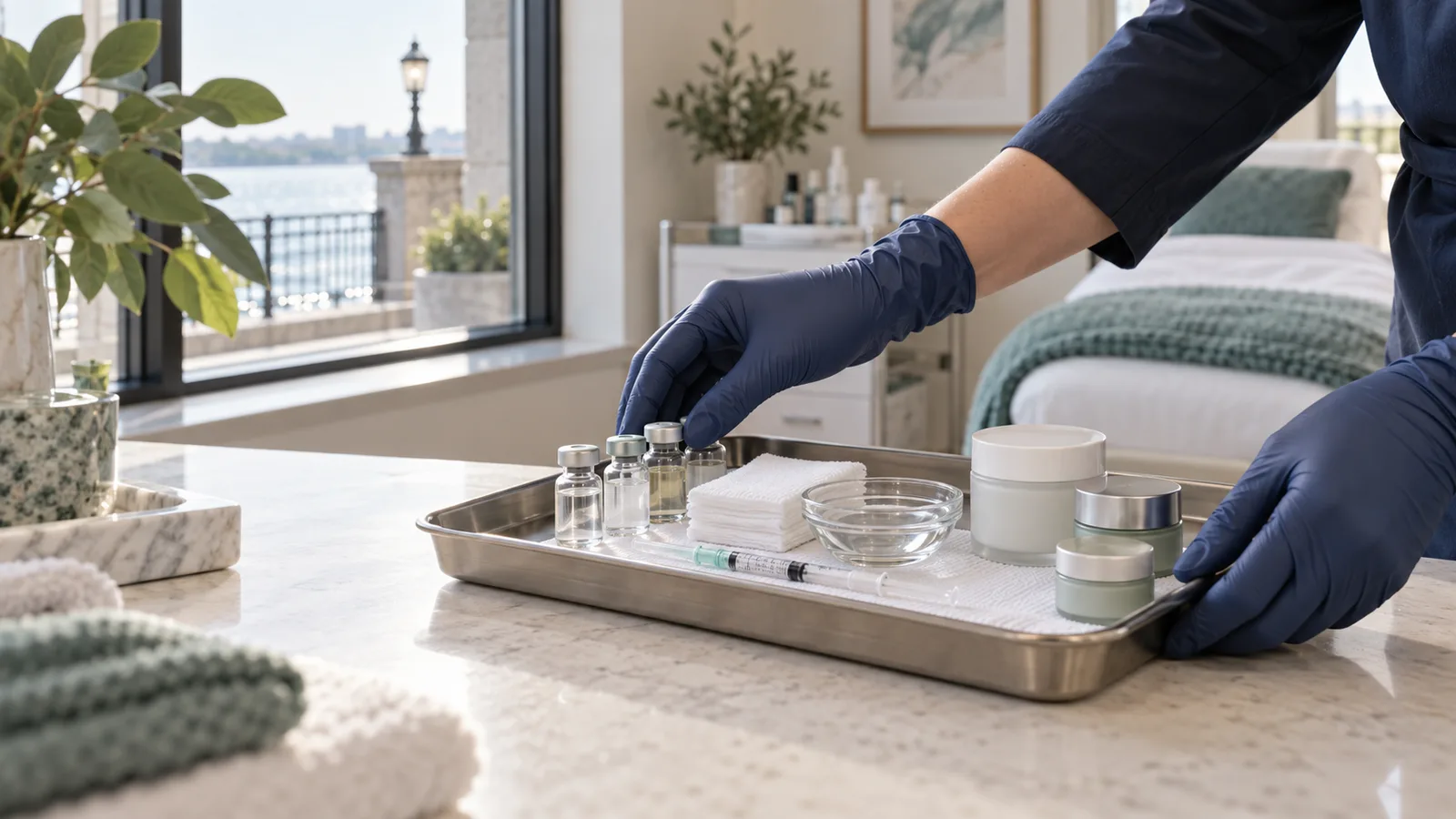 A staff member in navy gloves arranges vials, a syringe, gauze, and cream jars on a tray near a waterfront window.