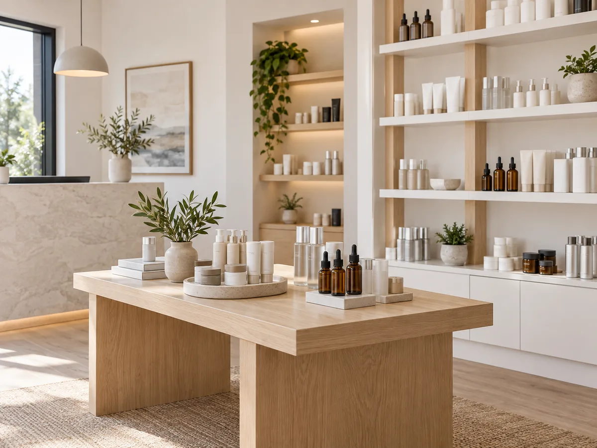 A light wood display table of amber dropper bottles and white pumps in front of floor-to-ceiling white shelves of skincare products.